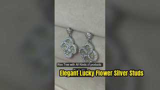 Anting Kancing Perak Bunga Keberuntungan Hijau Apel Elegan Kancing CZ Biru