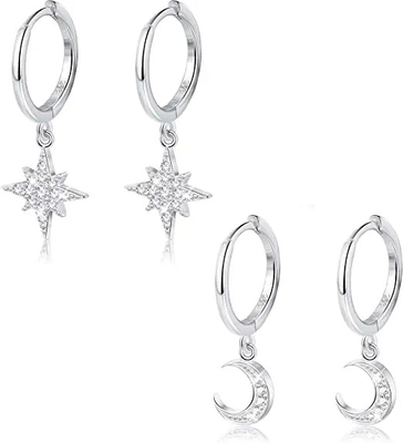 Sun Moon 925 Silver CZ Earrings, Rhodium Plated Moon Star Earring