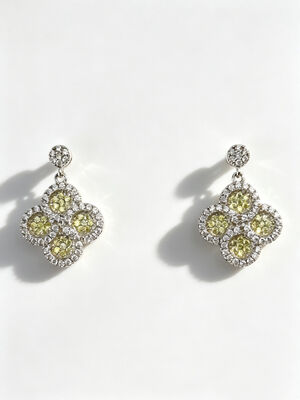 Rhodium Plated 925 Silver CZ Earrings with Apple Green and White AAA CZ Stones in Round Lucky Flower Circle Desain