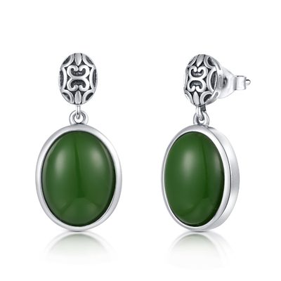 Batu Kelahiran Desember 925 Sterling Silver Gemstone Earrings 10x13mm Oval Green Jade