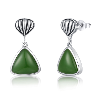 Batu Kelahiran 925 Sterling Silver Gemstone Earrings Triliun Green Jade Stud Earrings