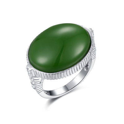 Sagitarius Birthstone Green Jade Ring Sterling Silver 16x20mm Bentuk Oval