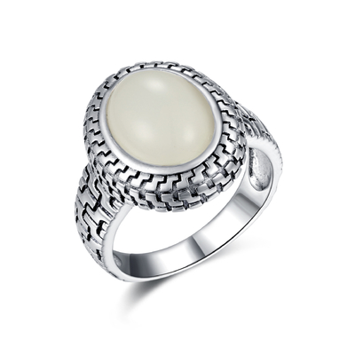 Healing Stones 925 Silver Gemstone Rings 9x12mm Oval White Jade Ukiran Cincin Band