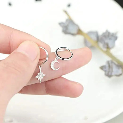 Sun Moon 925 Silver CZ Earrings, Rhodium Plated Moon Star Earring