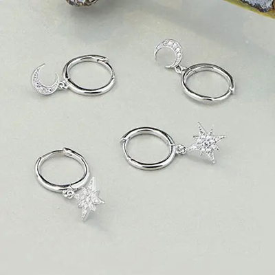 Sun Moon 925 Silver CZ Earrings, Rhodium Plated Moon Star Earring