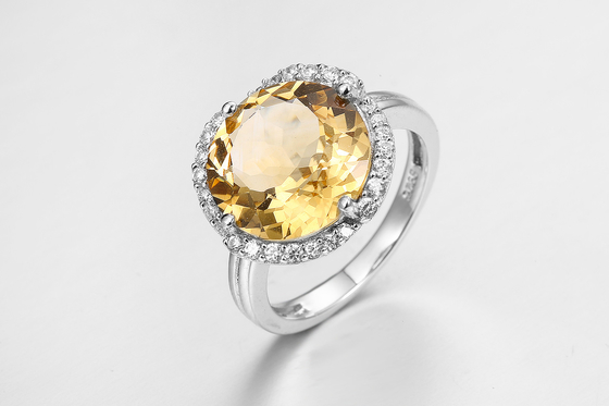 Cincin batu permata bulat yang menakjubkan yang terbuat dari Rhodium Citrine AAA