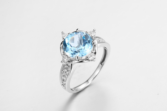 Elegant Blue Gemstone Round Ring untuk Wanita Casual/Party Perhiasan 925 Perak 2,5g