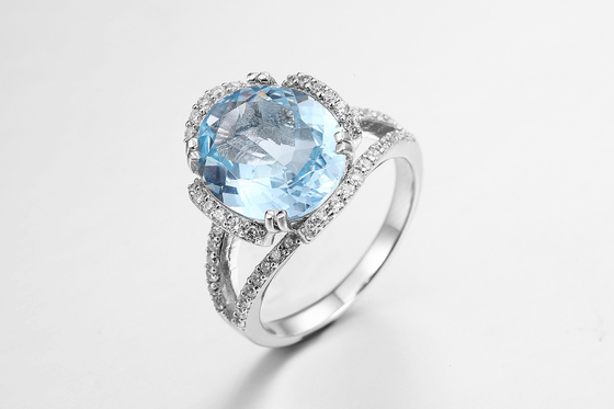 Elegant Blue Gemstone Round Ring untuk Wanita Casual/Party Perhiasan 925 Perak 2,5g