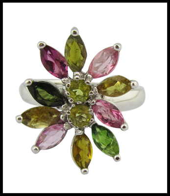 Cincin Batu permata berlapis rhodium yang elegan dalam bentuk bulat dan oval untuk tourmaline mode yang elegan