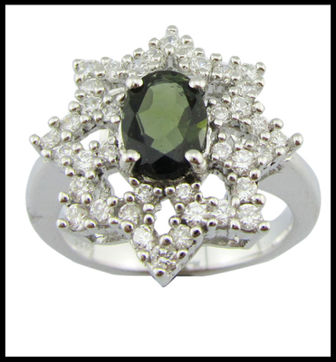 Cincin Elegant Tourmaline Perak Batu permata dengan Rhodium Plating