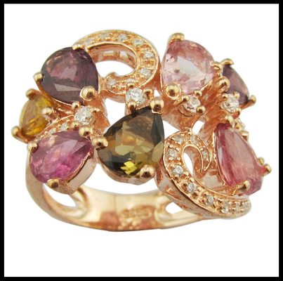 Elegant Round YG Plating Tourmaline Gemstone Rings 925 Perak Rings untuk Wanita Sterling Perak Promise Rings