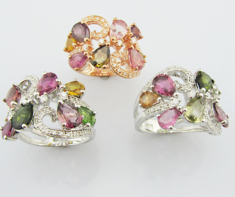 Elegant Round YG Plating Tourmaline Gemstone Rings 925 Perak Rings untuk Wanita Sterling Perak Promise Rings