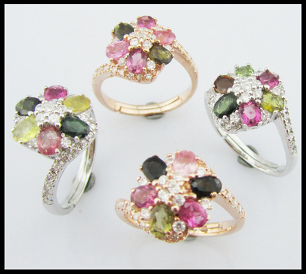 3~5g 925 Perak Batu permata tourmaline cincin wanita kasual / acara pesta Perhiasan Berwarna-warni Batu permata asli