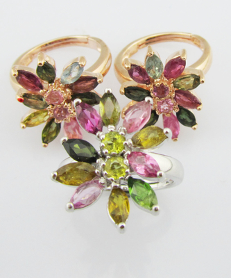 Cincin Batu permata berlapis rhodium yang elegan dalam bentuk bulat dan oval untuk tourmaline mode yang elegan