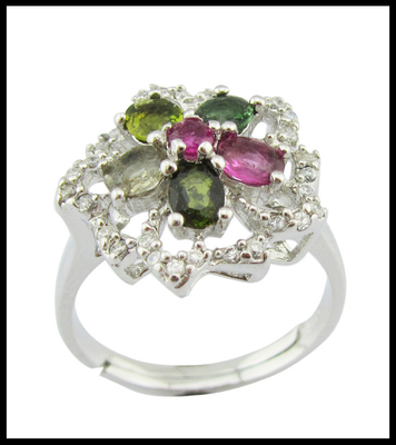 Cincin Perak Sterling Batu permata dengan 925 kemurnian Rhodium Plating Warna Batu Tourmaline