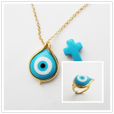 Natural Turquoise Dangle Pendant Perak 925 Perhiasan Set dengan 18-Inch Chain / Rhodium Plating