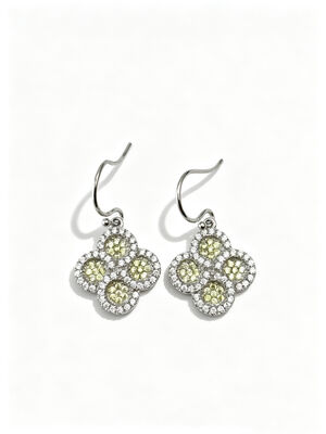 Rhodium Plated 925 Silver CZ Earrings with Apple Green and White AAA CZ Stones in Round Lucky Flower Circle Desain
