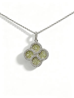 Rhodium Plated 925 Silver CZ Earrings with Apple Green and White AAA CZ Stones in Round Lucky Flower Circle Desain