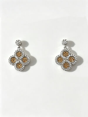 Rhodium Plated 925 Perak CZ Earrings dengan Dark Champagne CZ Batu dalam Bentuk Lucky Flower Bulat