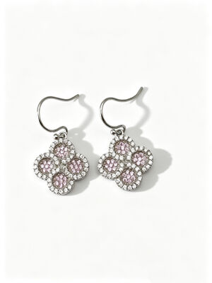2026 New Hot Summer 925 Silver CZ Earrings Hook with Peach Pink and White AAA CZ Stones, Round Lucky Flower Circle Earring Perhiasan Rhodium Plated for Classic Look, Koleksi Perhiasan CZ Peach Pink