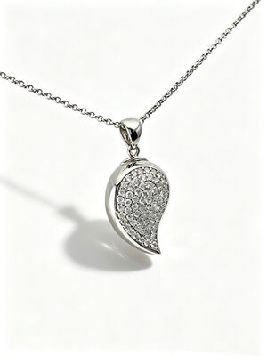 White Rhodium 925 Silver CZ Pendant Blooming Teardrop Leaf Pendant with Rolo Chain Jewellery Factory White AAA Pave CZ Stones 22*15.5mm Size 6.25g Total Weight Necklace Teardrop Leaves