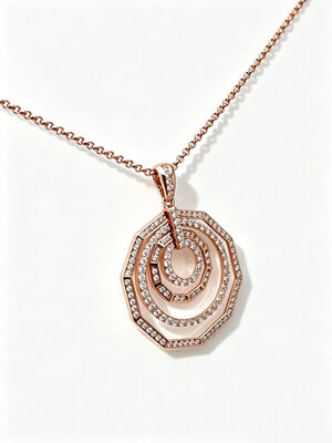 Rose Gold 925 Silver CZ Pendant Geometric Layered Octagon Pave RG 1.5mm Rolo Chain Jewellery Factory White AAA Pave CZ Stones 25mm Diameter Size 6.40g Total Weight Necklace 4 Layered Circles