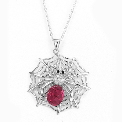 Sterling Silver Spider Web Pendant Kalung Batu Permata Ruby Merah Swarovski