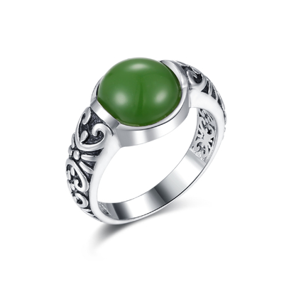 Diukir 925 Cincin Batu Permata Perak 10x10mm Bulat Berbentuk Cincin Giok Hijau Tua