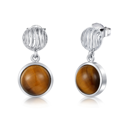 Anting Pejantan Batu Mata Harimau Berbentuk Bulat Berlapis Rhodium 925 Perak untuk Hadiah