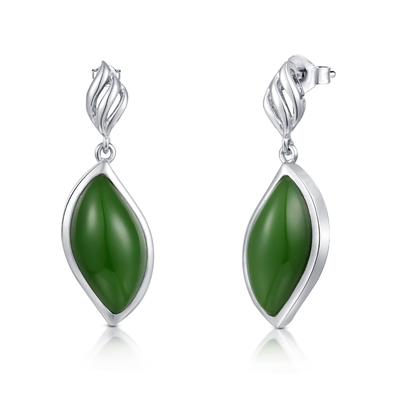 8.5x16mm 925 Sterling Silver Gemstone Earrings Marquise Dark Green Jade Earrings