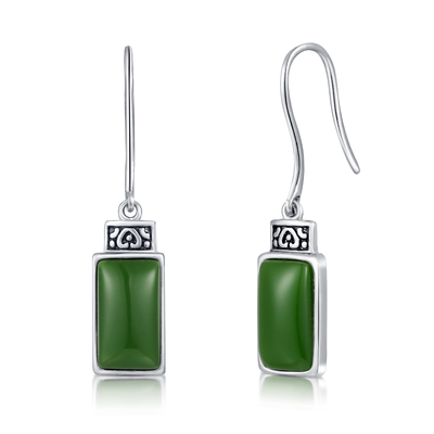 Cabochon 925 Sterling Silver Anting Batu Permata 7x12mm Rectangle Green Jade