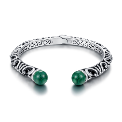 Personalized 925 Sterling Silver Bangles Malachite Bezel Setting Untuk Wanita